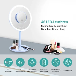 EMKE Miroir cosmétique avec lumière, rechargeable, 3 couleurs de lumière, grossissement 1X/3X, rotatif à 90°, interrupteur tactile, fonction mémoire, bleu clair/rose/violet/blanc