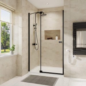 Cabine de douche à porte pliante EMKE en verre au design moderne (noir/chrome)