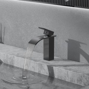 EMKE F01 Cascade de robinet de lavabo, mitigeur de lavabo à levier unique avec hauteur de bec 117 mm, Chrome/Noir