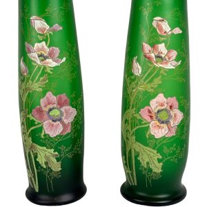 Paire de vases émaillés verts à décor floral, Legras , époque Art Nouveau